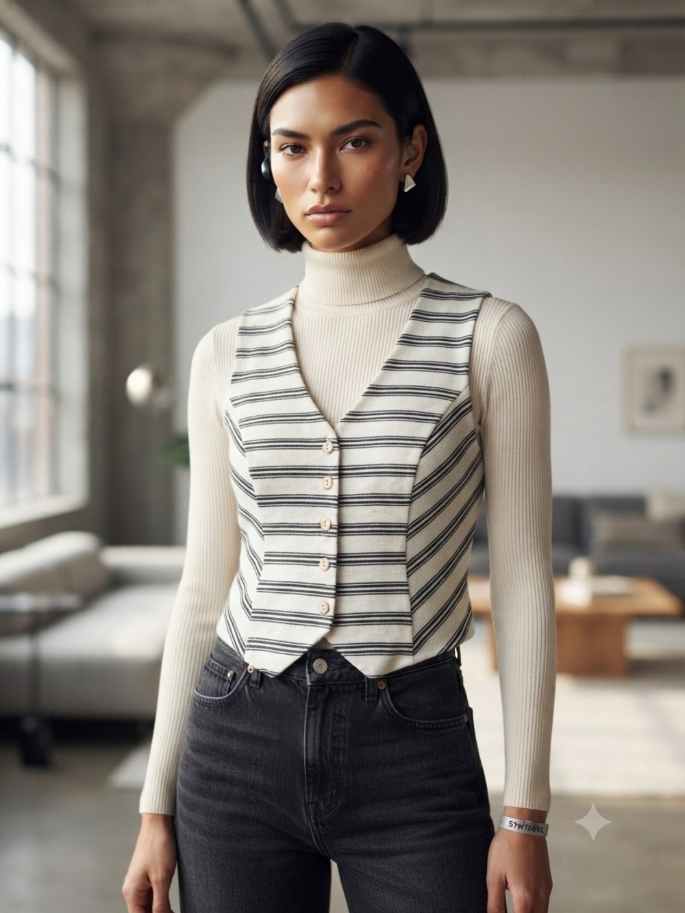 ​La Pêche Black & White Striped Button Down Vest Tank Top - Size Small